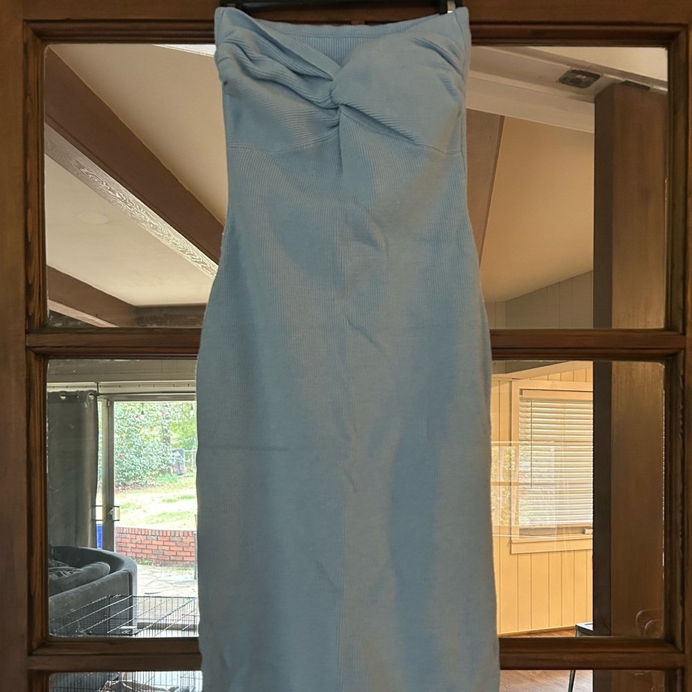 Amazon Strapless Light Blue Midi Dress with Twist Bust Detail